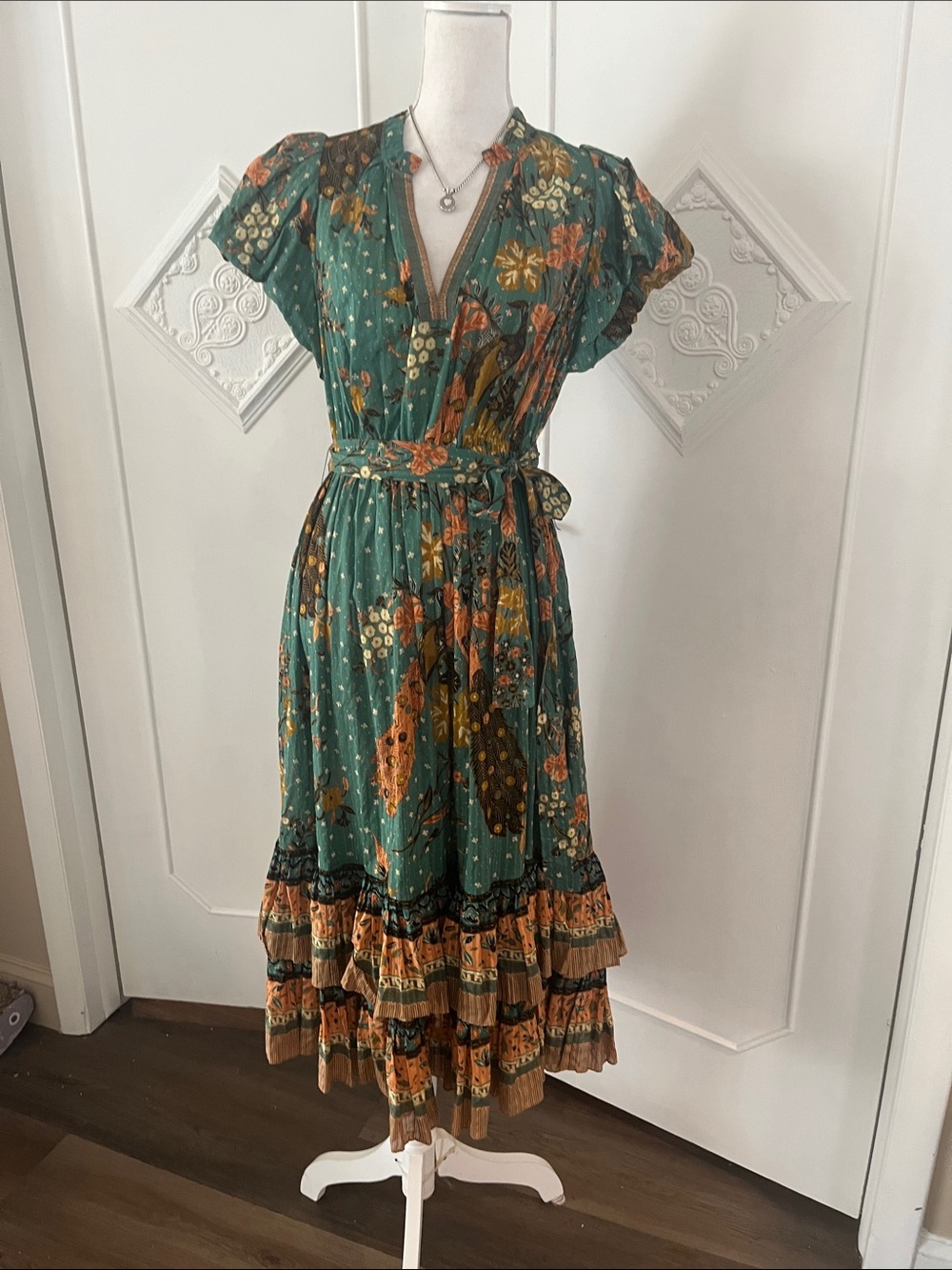 Ulla Johnson Green Floral Tiered Tie-Waist Midi Dress